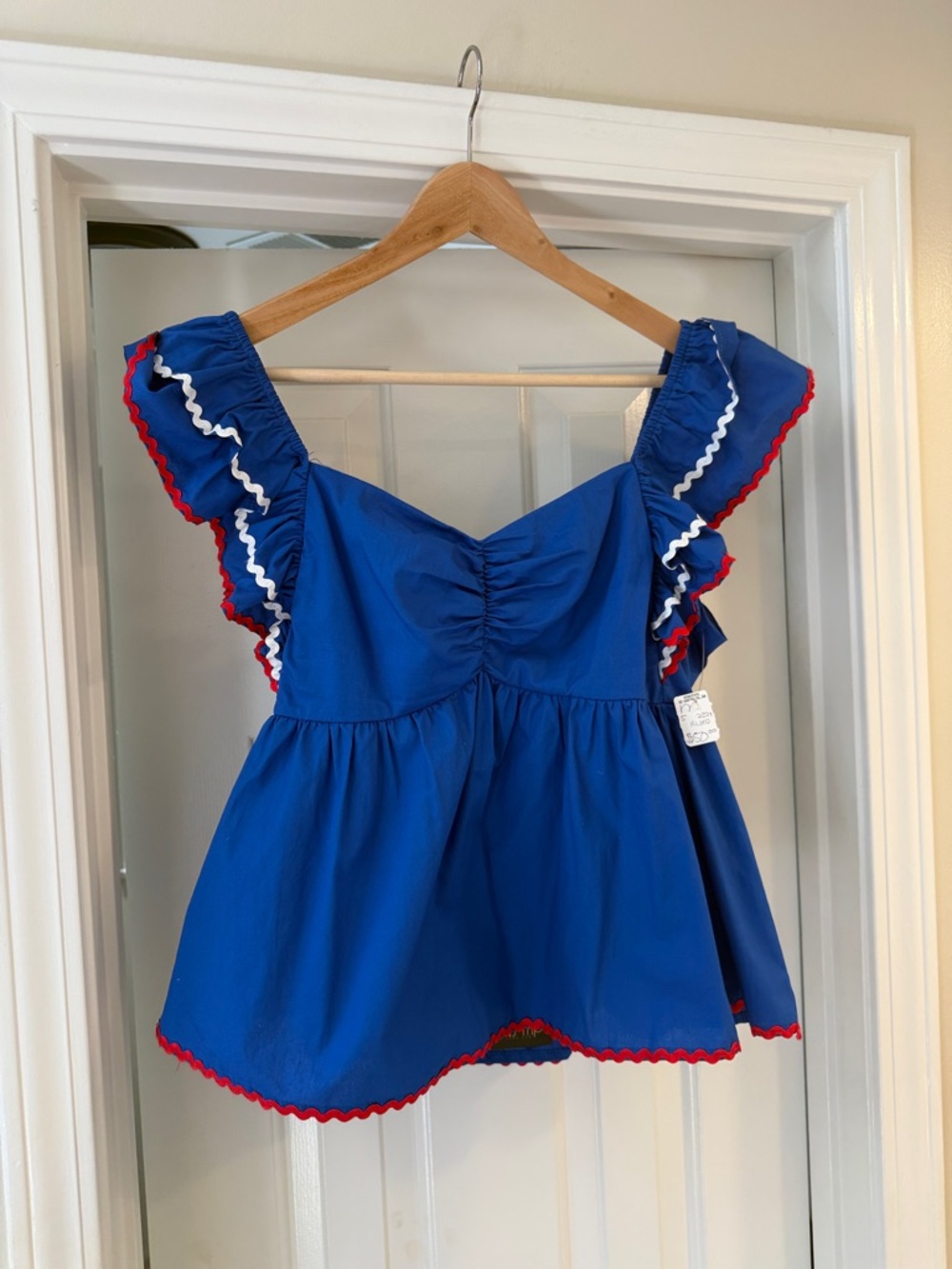 Blue Ruffle Sleeve Peplum Top with Red & White Trim